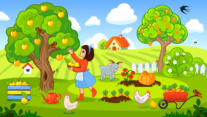 Farm in summer, vegetable garden, garden, vector illustration. Harvesting. Cartoon characters, flat graphics, girl, chicken, chickens, sheep, farm animals. - 458276205