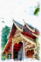 Fototapeta premium Ancient architecture of northern thailand watercolor style illustration impressionist painting.