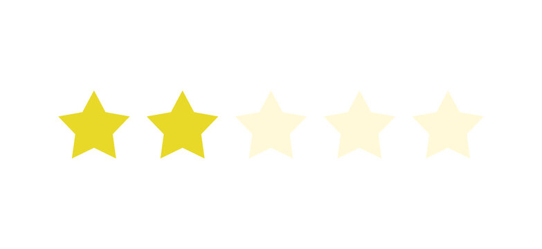 Rating sticker icon with two gold stars on a white background. Flat design. White background. Isolated vector icon. Vector gold background. Vector graphics.