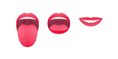 Human mouth with teeth. Vector flat illustration set. Smile and licking tongue. Red lips isolated on white background.