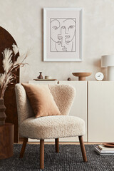 Composition of creative living room interior design with mock up poster frame, fluffy armchair, folding screen, coffee table, commode and personal accessories. Modern style. Template.