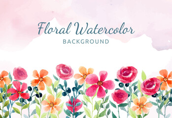 Hand painted watercolor floral background with red and orange flowers