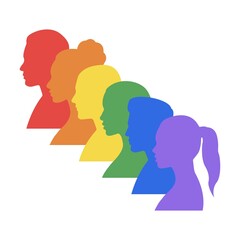 People's faces in LGBT colors. Multi-colored profiles of faces of men and women painted with colors the LGBT flag. LGBTQ + sign. LGBTQ community concept. Vector illustration.