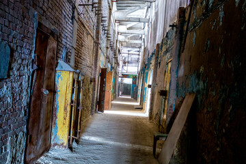 old corridor on the empty abandoned factory