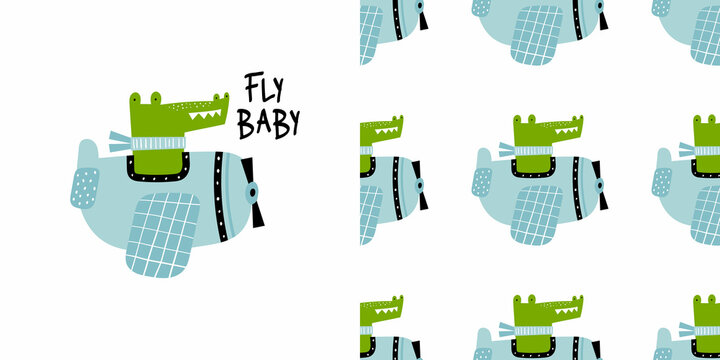 Vector hand-drawn seamless childish pattern with cute crocodile pilot on the plane on a white background. Kids texture for fabric, wrapping, textile, wallpaper, apparel. Alligator flying on a airplane
