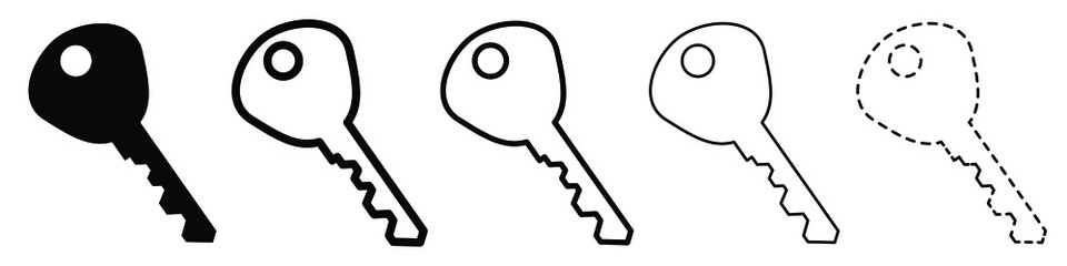 Key icon. Set of black icons of keys in flat linear style. Key symbol isolated. Vector illustration.