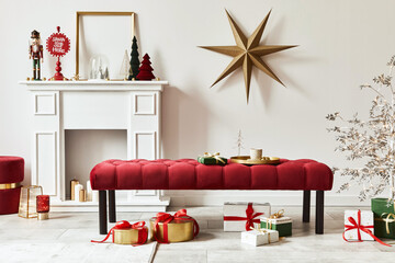 Christmas composition with decoration, christmas tree, gifts, snow and accessories in cozy home...