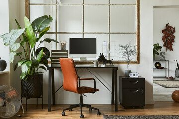 Stylish composition of modern masculine home office workspace interior design with black industrial desk, brown leather armchair, pc and stylish personal accessories. Template.