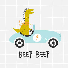 Vector hand-drawn illustration of a cute funny dinosaur rides in a racing car and text. Beep beep lettering. Greeting card, print, poster design for kids. Trendy scandinavian character. Checkered.