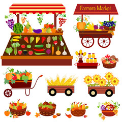 Farmers market stand with vegetables and fruits