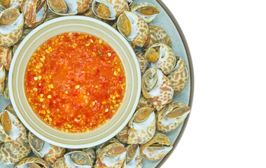 Areola Babylon or Spotted Babylon grilled or boiled on a plate with seafood sauce on a white background.