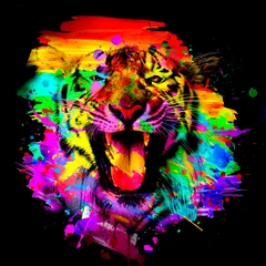 Foto auf Leinwand Colorful artistic tiger muzzle with bright paint splatters © reznik_val