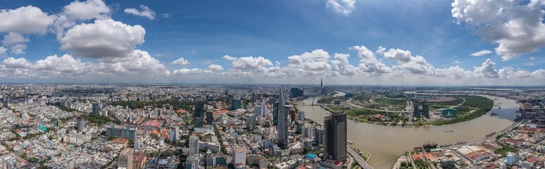 Panoramic photo of Ho Chi Minh city and Saigon river in the cloudy day