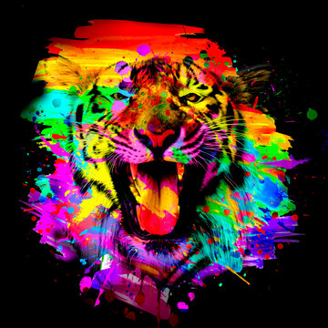 Colorful artistic tiger muzzle with bright paint splatters