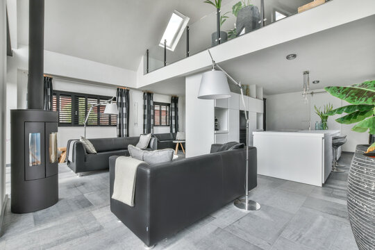 Leathers couches placed near firebox in modern house