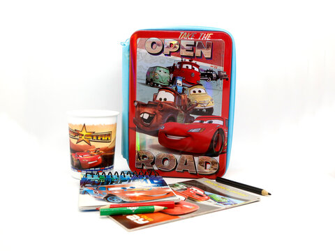 Cars. Lightning MCQUEEN and friends. Coloring books for children.  Books with the characters from the movie Cars. Pixar Cars movie. Red car. School pencil case for children. School supplies. Glass.