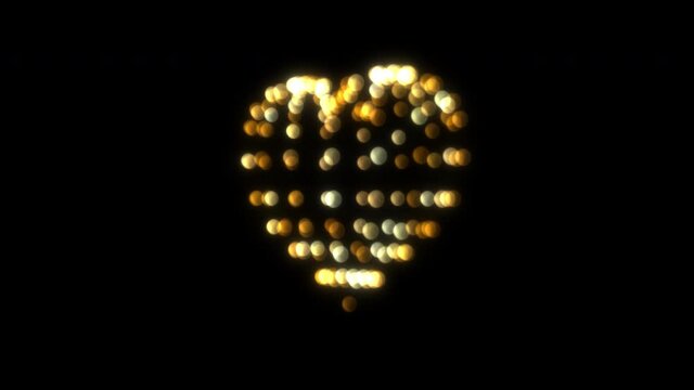 Abstract animation 3D heart of golden glitter wire mesh rotate glow circle on black background rotating loop on center. 4K 3D seamless loop for Romantic background, St. Valentines Day, Mother's day. 
