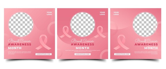 Set of Breast cancer awareness month social media post template. Modern gradient pink background with ribbon and place for the photo. Usable for social media, banner, card, and website.