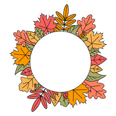 Round Frame, border made of autumn fallen leaves. Doodles. Place for an inscription, copy space.  Template for postcard, invitation, flyer, advertisement. Vector illustration in modern flat style