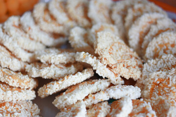 Homemade rice crackers with shredded pork, Thailand