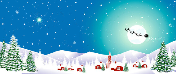 Village winter night snowflakes Christmas. Houses, village, church, forest. Winter rural landscape. Snow-capped mountains. Christmas Eve. Snowflakes in the night sky. Santa Claus on a sleigh