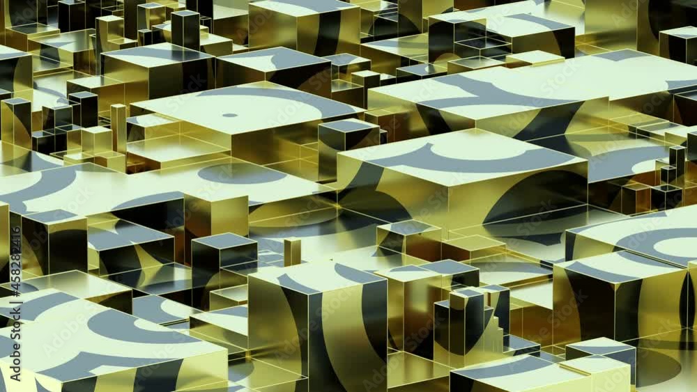 Poster abstract golden liquid animation on black cube background. art data technology concept.