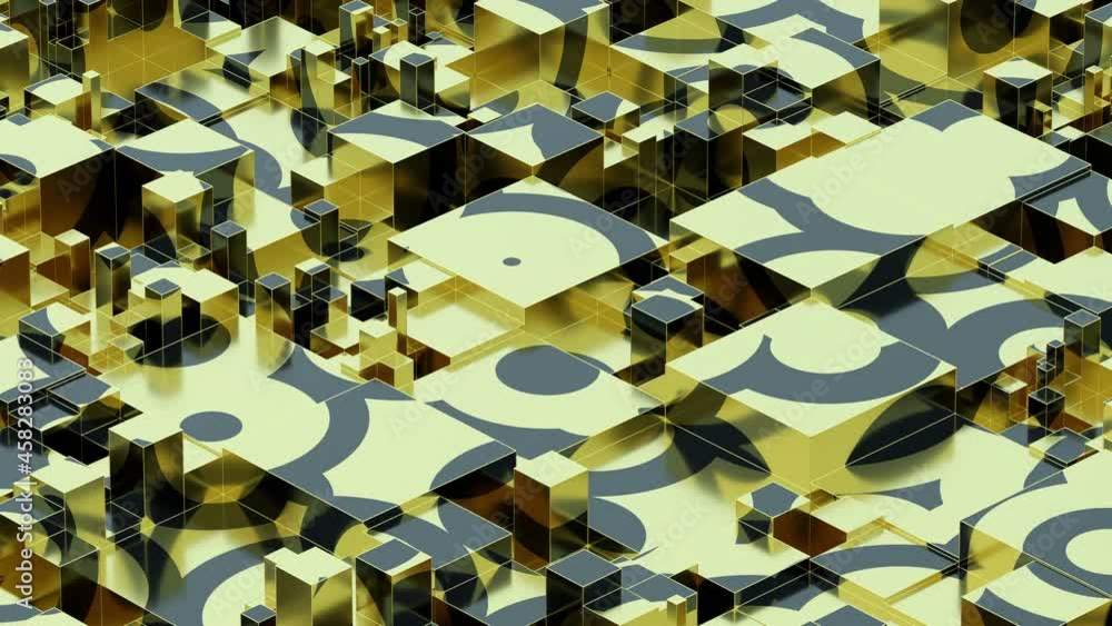 Poster Abstract golden liquid animation on black cube background. Art data technology concept. 