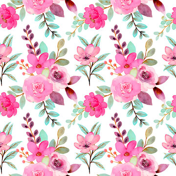 Seamless pattern of green pink floral watercolor