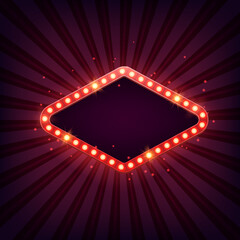 Retro rhombus marquee billboard with electric light lamps, glowing frame, against the background of rays.