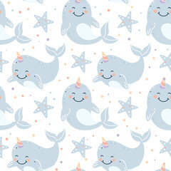 Seamless childish pattern with narwhals and stars.