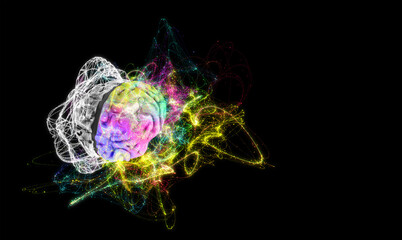 A human brain with the left and right cerebral hemispheres, in rainbow colors, a colorful energy field showing the lateralization of brain function, creativity and logical thinking. Conceptual graphic