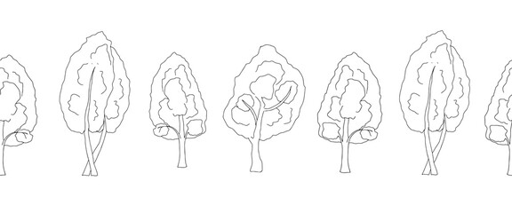 Black outline hand drawing vector illustration of a group of deciduous birch trees isolated on a white background. Seamless pattern
