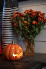 Obraz premium Halloween coffee shop. Pumpkins