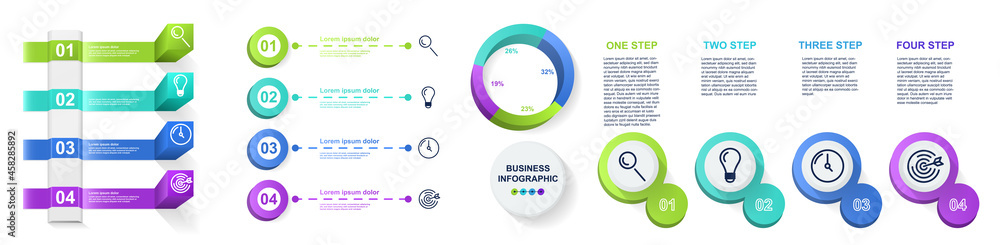 Poster set of icons for business infographics. sequence of steps for development and promotion of company. 