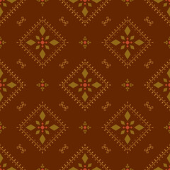 Vector rustic seamless pattern with rhombuses, stylized foliage. Brown and green ornate geometric background in ethnic style for fabric, wrapping paper, packaging and wallpaper