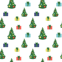 Christmas and Happy New Year seamless pattern with tree and gift boxes. Isolated on white vector illustration. Endless holiday background.