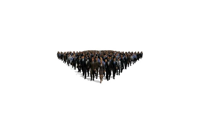 Businessmen with a businesswoman in front forming arrow shape pointing down, 4K against white