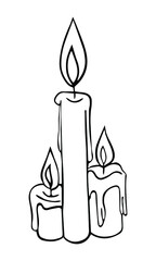 Burning candles in doodle style. Black and white vector illustration on isolated background.