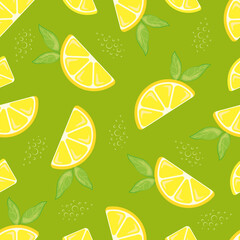 Seamless pattern with hand drawn lemons. Citrus fruits on a bright green background. Background for textiles, kitchen utensils and wrapping paper, background for site