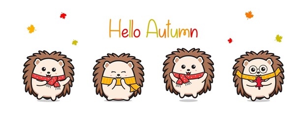 Hello autumn banner with cute hedgehog cartoon icon illustration