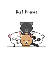 Cute bear best friends greeting cartoon doodle card icon illustration