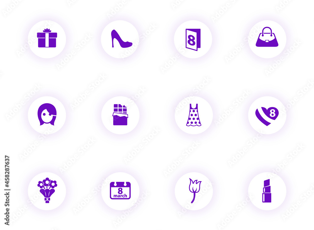 Poster 8 march purple color vector icons on light round buttons with purple shadow. 8 march icon set for we