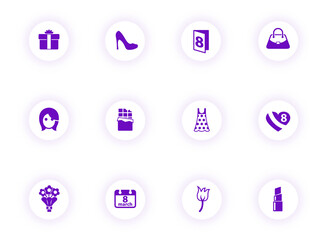 8 march purple color vector icons on light round buttons with purple shadow. 8 march icon set for web, mobile apps, ui design and print