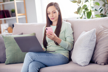 Photo of work millennial brunette lady sit on sofa with laptop telephone wear blue shirt at home alone