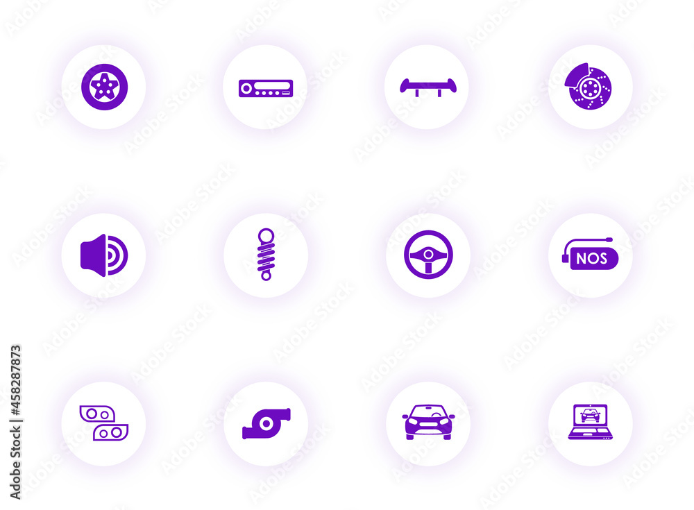 Poster auto tuning purple color vector icons on light round buttons with purple shadow. auto tuning icon set for web, mobile apps, ui design and print
