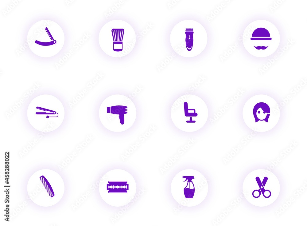 Poster barber shop purple color vector icons on light round buttons with purple shadow. barber shop icon se