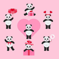 This is a set of pandas in different actions for valentines day isolated on a pink background.