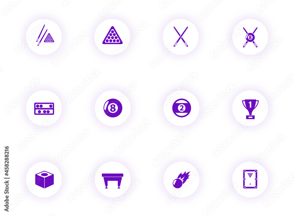 Poster billiards purple color vector icons on light round buttons with purple shadow. billiards icon set fo