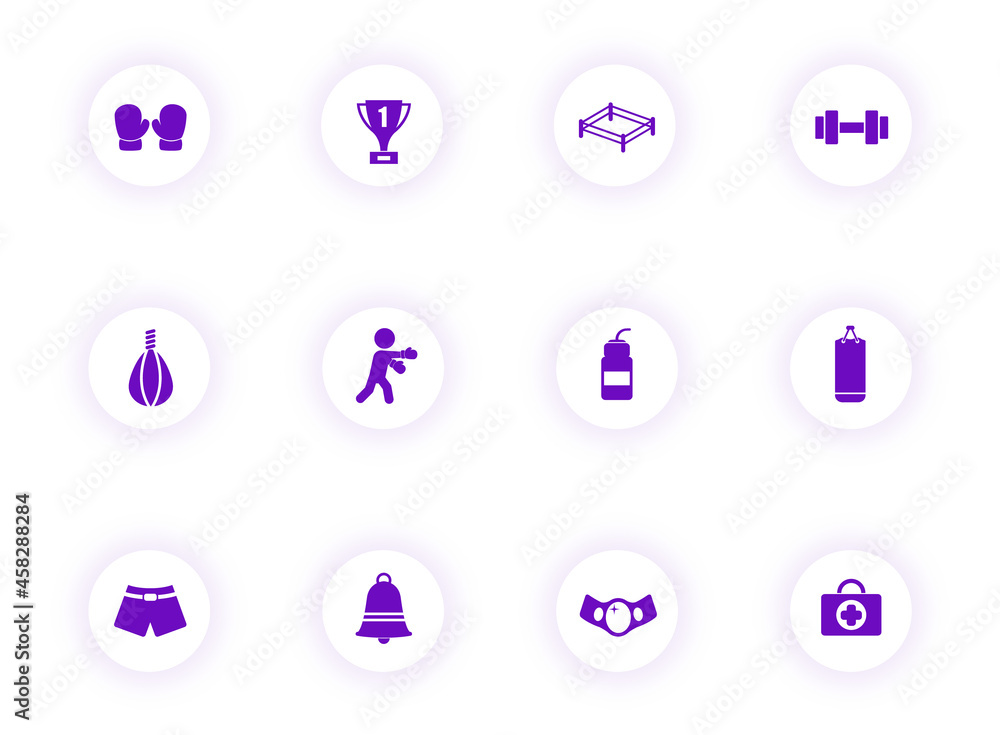 Poster boxing purple color vector icons on light round buttons with purple shadow. boxing icon set for web,