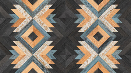 Old wooden panel with geometric tribal pattern. Seamless wood wallpaper.  - 458288400